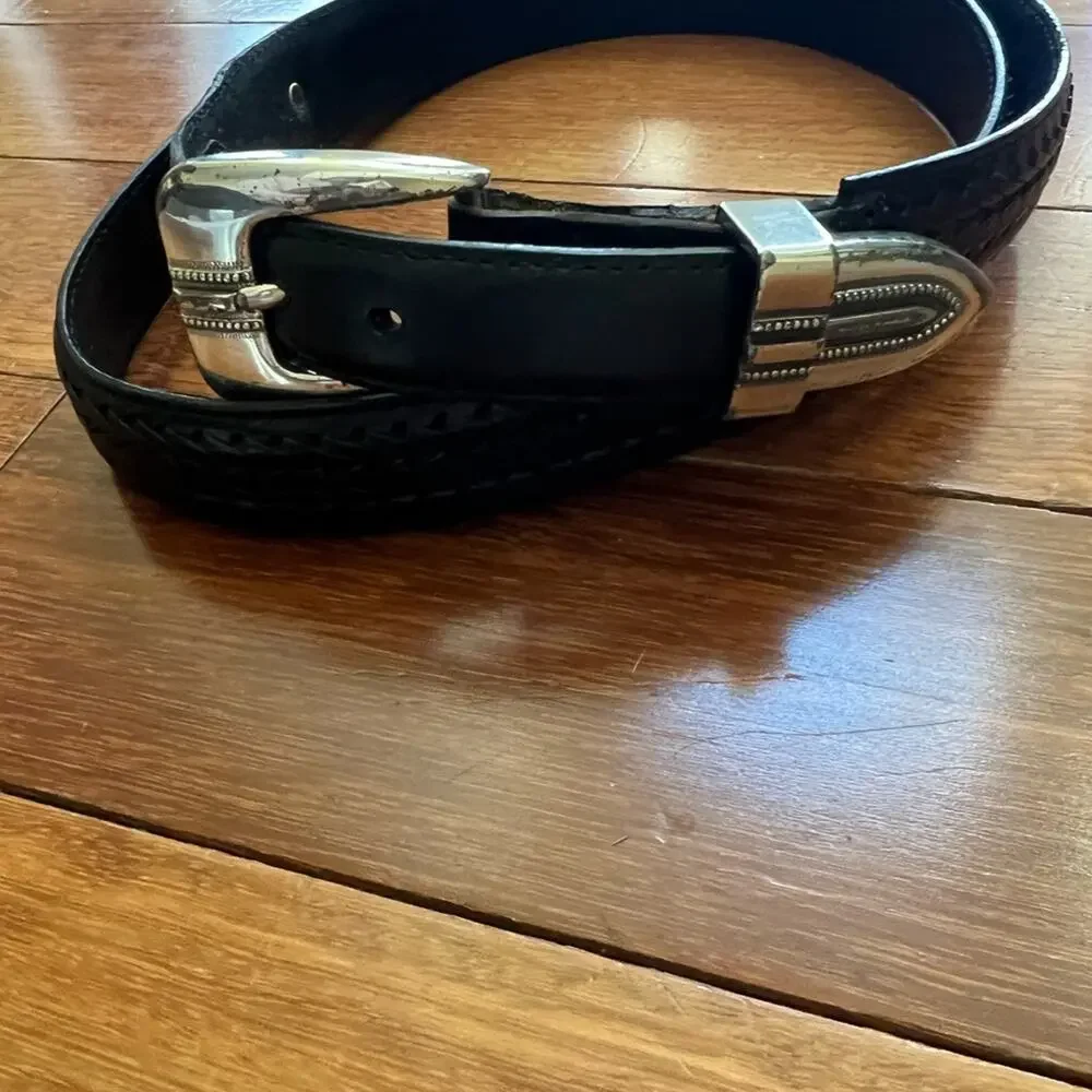 Onyx by Brighton Golf Belt Black & Silver Leather Braided Silver Accents Size 50